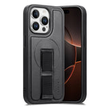 iPhone 14 Pro - Hårdt Plastik Cover m. Kunstlæder Bagside & Fingerrem - MagSafe Kompatibel - Sort