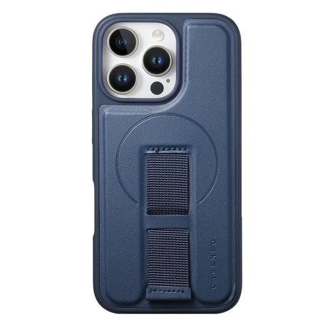 iPhone 14 Pro - Hårdt Plastik Cover m. Kunstlæder Bagside & Fingerrem - MagSafe Kompatibel - Blå