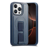 iPhone 14 Pro - Hårdt Plastik Cover m. Kunstlæder Bagside & Fingerrem - MagSafe Kompatibel - Blå