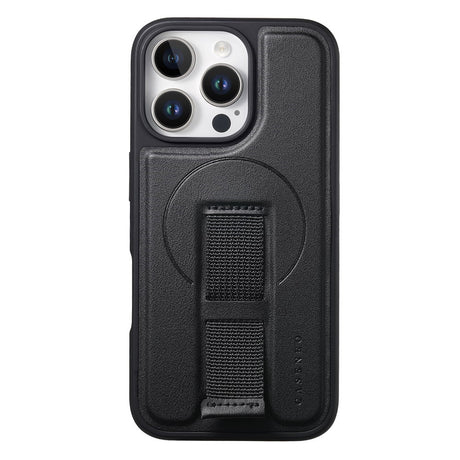 iPhone 15 Pro - Hårdt Plastik Cover m. Kunstlæder Bagside & Fingerrem - MagSafe Kompatibel - Sort