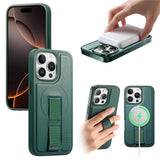 iPhone 15 Pro - Hårdt Plastik Cover m. Kunstlæder Bagside & Fingerrem - MagSafe Kompatibel - Grøn