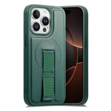 iPhone 15 Pro - Hårdt Plastik Cover m. Kunstlæder Bagside & Fingerrem - MagSafe Kompatibel - Grøn