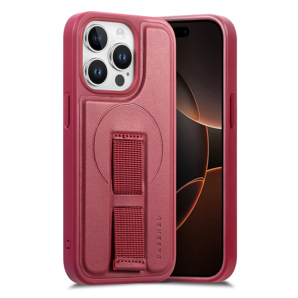 iPhone 15 Pro - Hårdt Plastik Cover m. Kunstlæder Bagside & Fingerrem - MagSafe Kompatibel - Rød