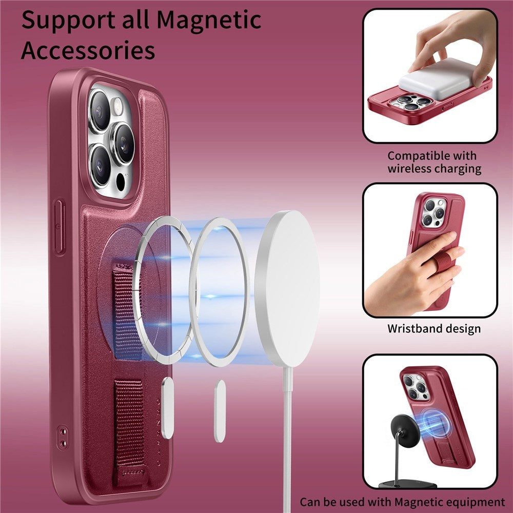 iPhone 15 Pro - Hårdt Plastik Cover m. Kunstlæder Bagside & Fingerrem - MagSafe Kompatibel - Rød