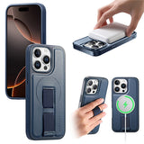 iPhone 15 Pro - Hårdt Plastik Cover m. Kunstlæder Bagside & Fingerrem - MagSafe Kompatibel - Blå