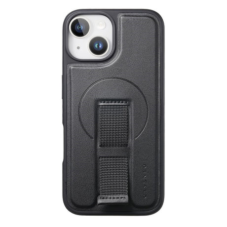 iPhone 15 - Hårdt Plastik Cover m. Kunstlæder Bagside & Fingerrem - MagSafe Kompatibel - Sort