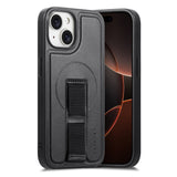 iPhone 15 - Hårdt Plastik Cover m. Kunstlæder Bagside & Fingerrem - MagSafe Kompatibel - Sort