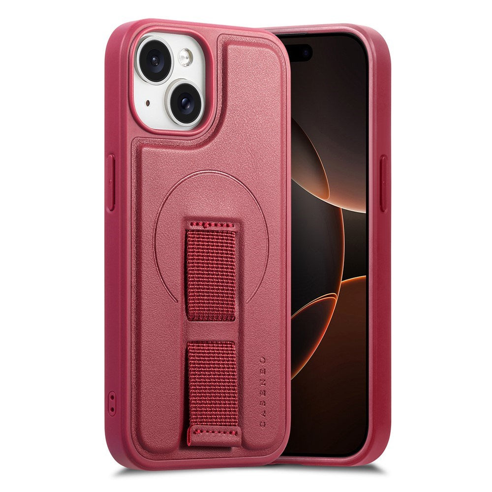 iPhone 15 - Hårdt Plastik Cover m. Kunstlæder Bagside & Fingerrem - MagSafe Kompatibel - Rød