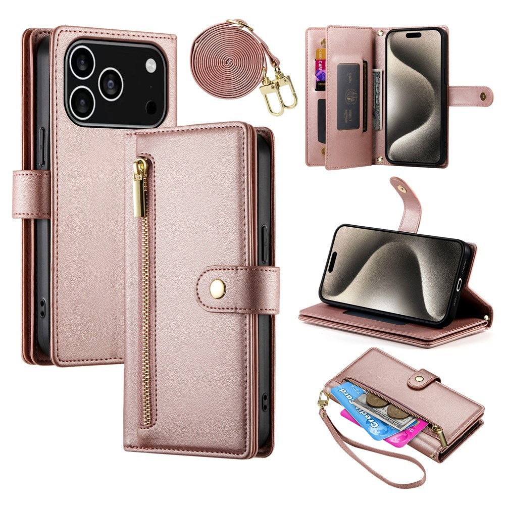 EIDERWOOD iPhone 17 Pro Flip Cover - Indbygget Kortholder & Lynlåslomme & Strop - Rose Gold