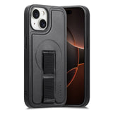 iPhone 14 / 13 - Hårdt Plastik Cover m. Kunstlæder Bagside & Fingerrem - MagSafe Kompatibel - Sort