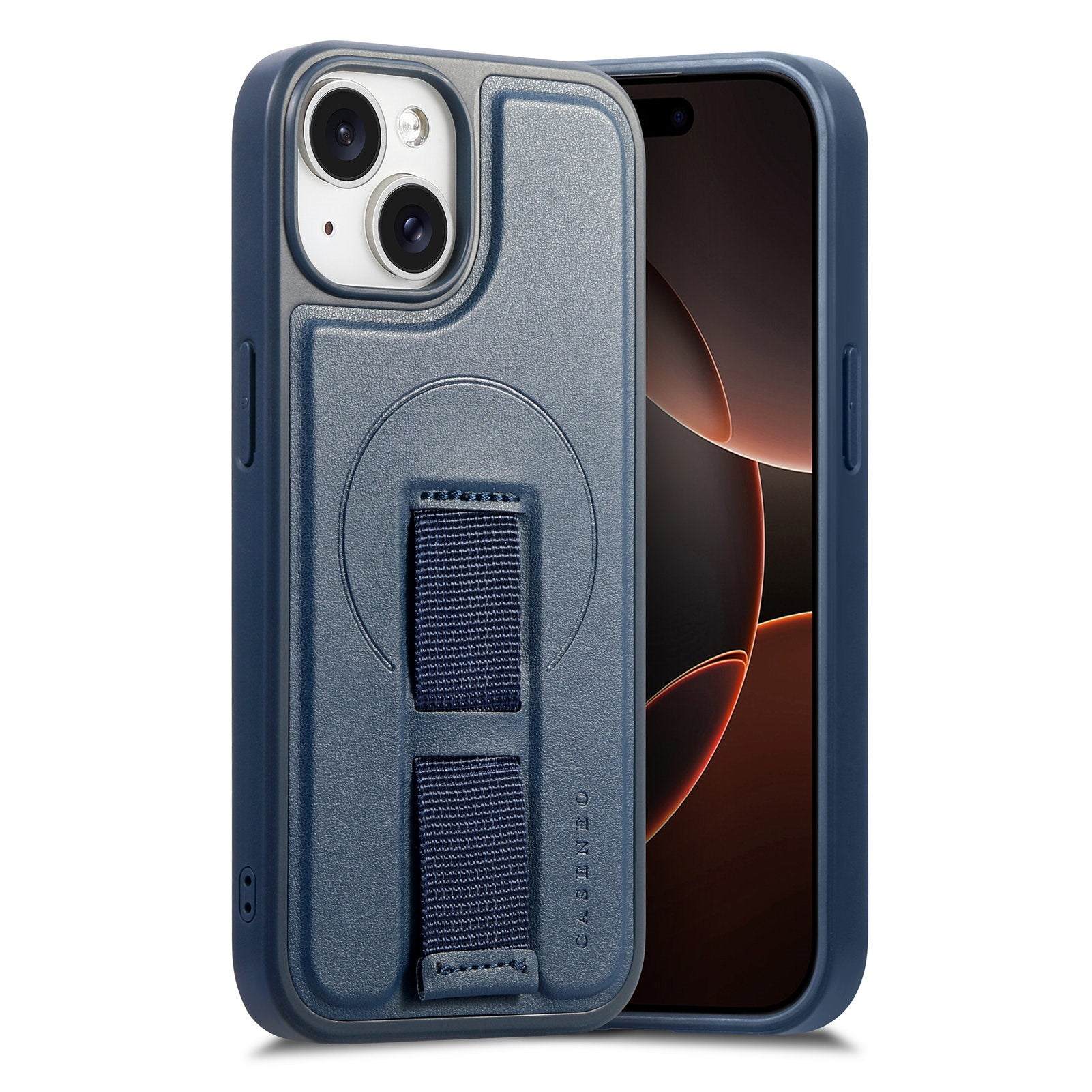 iPhone 14 / 13 - Hårdt Plastik Cover m. Kunstlæder Bagside & Fingerrem - MagSafe Kompatibel - Blå
