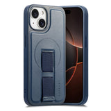 iPhone 14 / 13 - Hårdt Plastik Cover m. Kunstlæder Bagside & Fingerrem - MagSafe Kompatibel - Blå