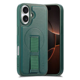 iPhone 16 - Hårdt Plastik Cover m. Kunstlæder Bagside & Fingerrem - MagSafe Kompatibel - Grøn