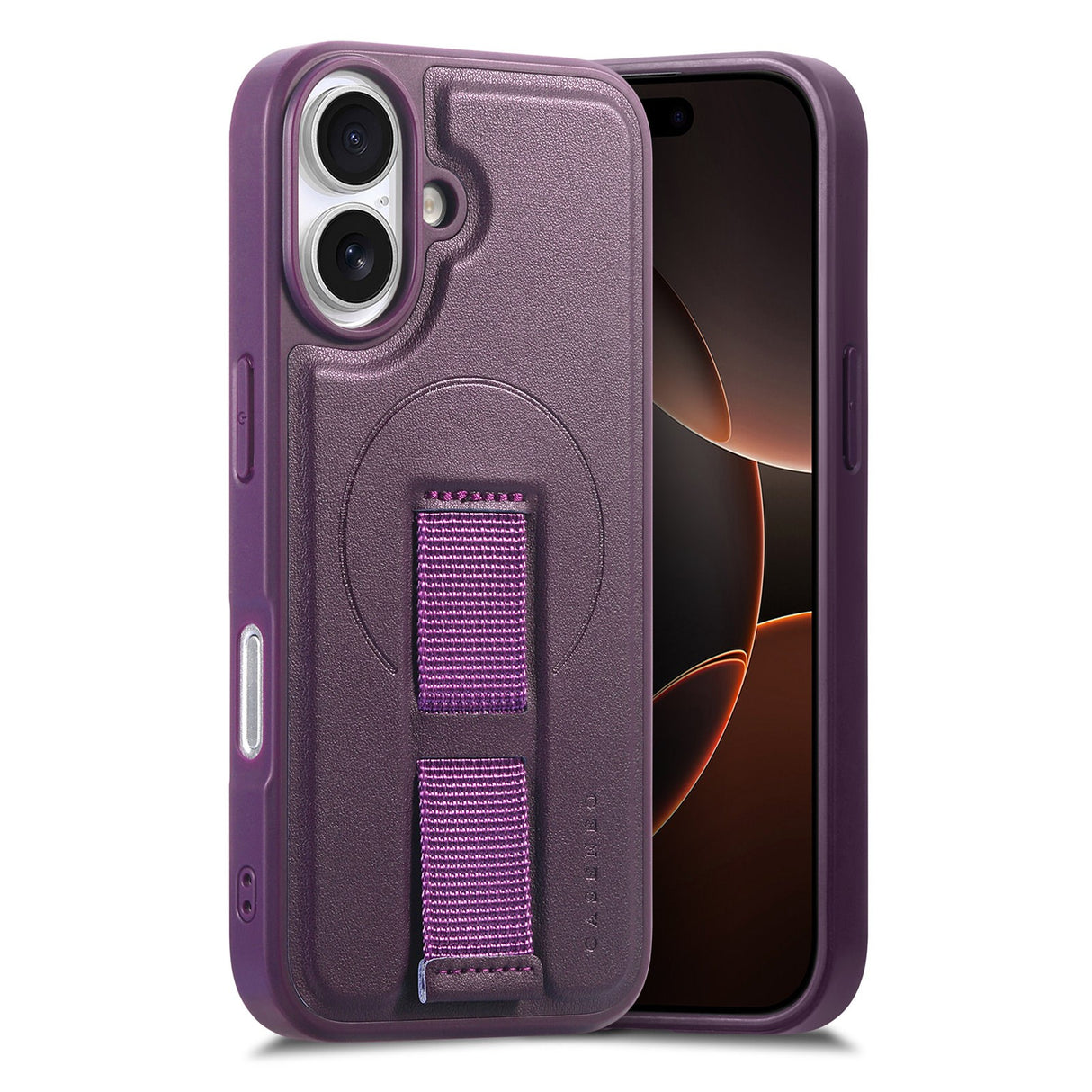 iPhone 16 - Hårdt Plastik Cover m. Kunstlæder Bagside & Fingerrem - MagSafe Kompatibel - Lilla