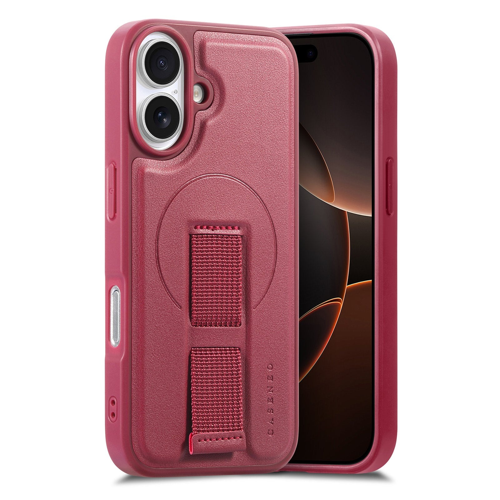 iPhone 16 - Hårdt Plastik Cover m. Kunstlæder Bagside & Fingerrem - MagSafe Kompatibel - Rød