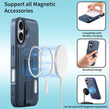 iPhone 16 - Hårdt Plastik Cover m. Kunstlæder Bagside & Fingerrem - MagSafe Kompatibel - Blå