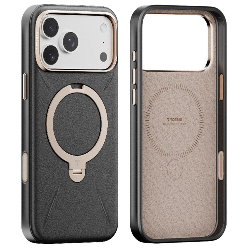 iPhone 17 Pro - TORRAS Ostand Spin Kunstlæder Cover m. Kickstand - MagSafe Kompatibel - Sort
