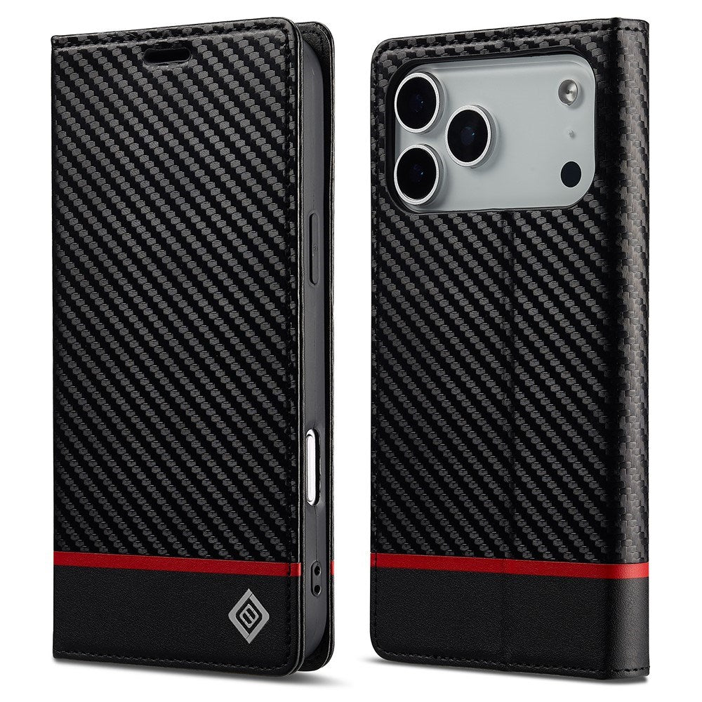 LC.IMEEKE iPhone 18 Pro / 17 Pro Kunstlæder Flip Cover m. Kortholder & Ståfunktion - Sort / Rød Horisontal Stribe