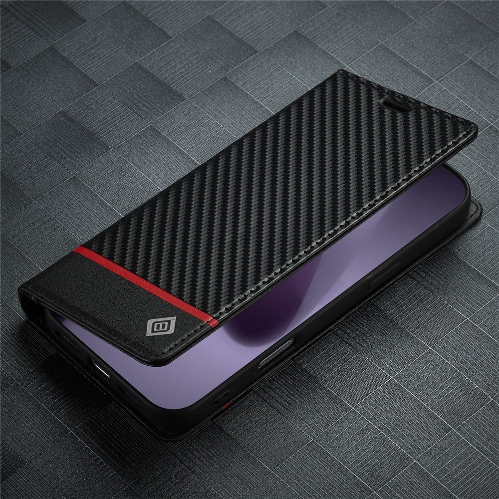 LC.IMEEKE iPhone 18 Pro / 17 Pro Kunstlæder Flip Cover m. Kortholder & Ståfunktion - Sort / Rød Horisontal Stribe