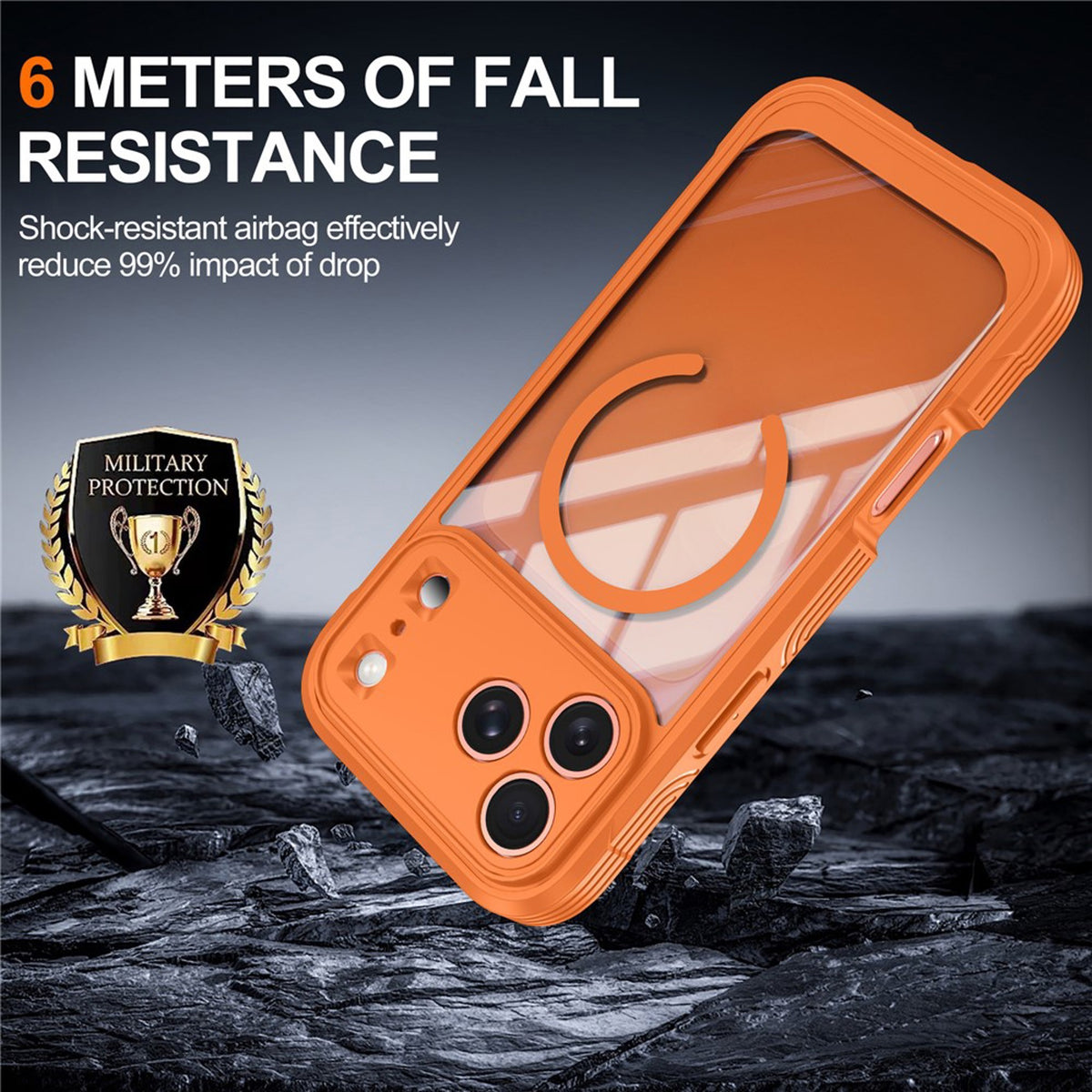 iPhone 18 Pro / 17 Pro Hybrid Plast Bagside Cover m. Skærmbeskyttelse - MagSafe Kompatibel - Gennemsigtig / Orange