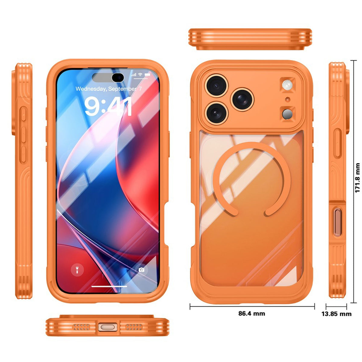 iPhone 18 Pro / 17 Pro Hybrid Plast Bagside Cover m. Skærmbeskyttelse - MagSafe Kompatibel - Gennemsigtig / Orange