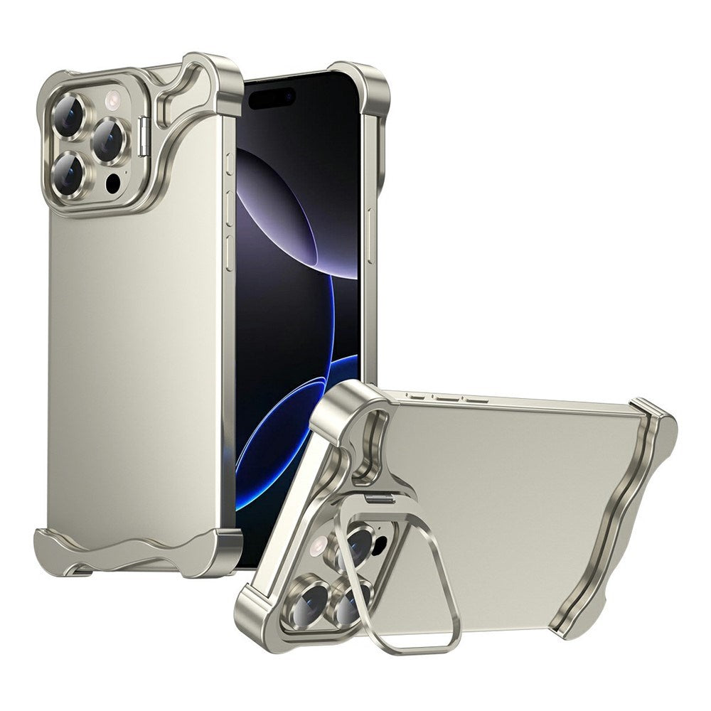 iPhone 16 Pro 2-i-1 Metal Bumper Cover - Ståfunktion & Linsebeskytter - Titanium