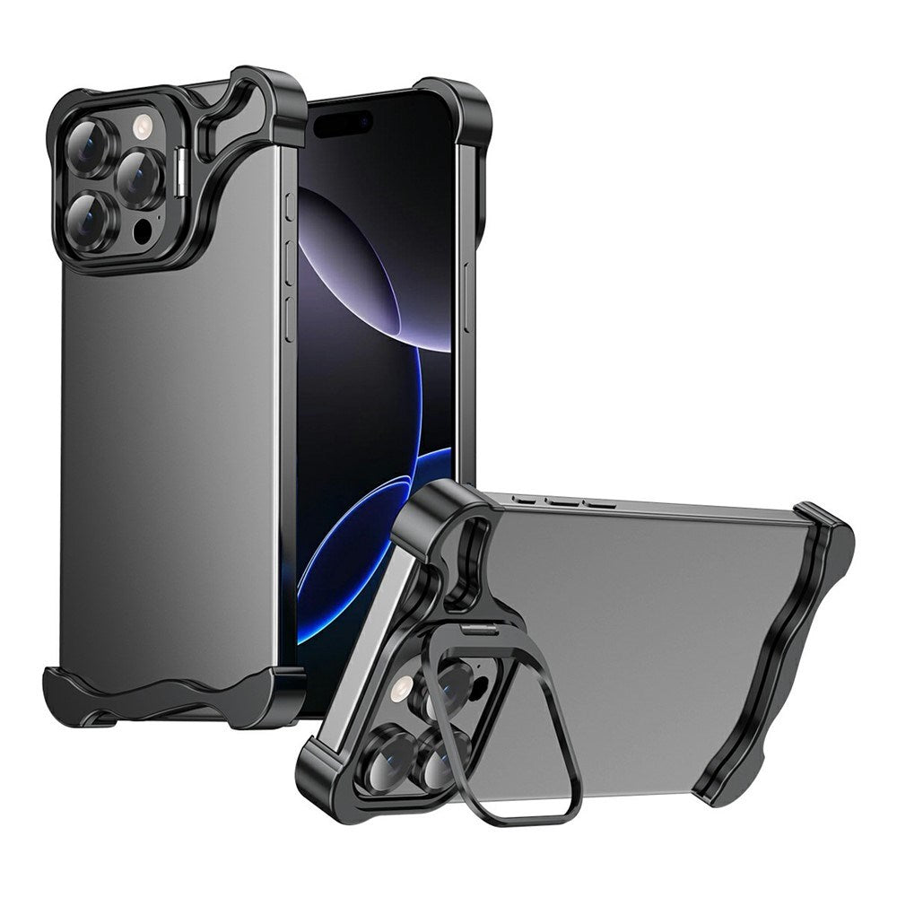iPhone 16 Pro 2-i-1 Metal Bumper Cover - Ståfunktion & Linsebeskytter - Sort