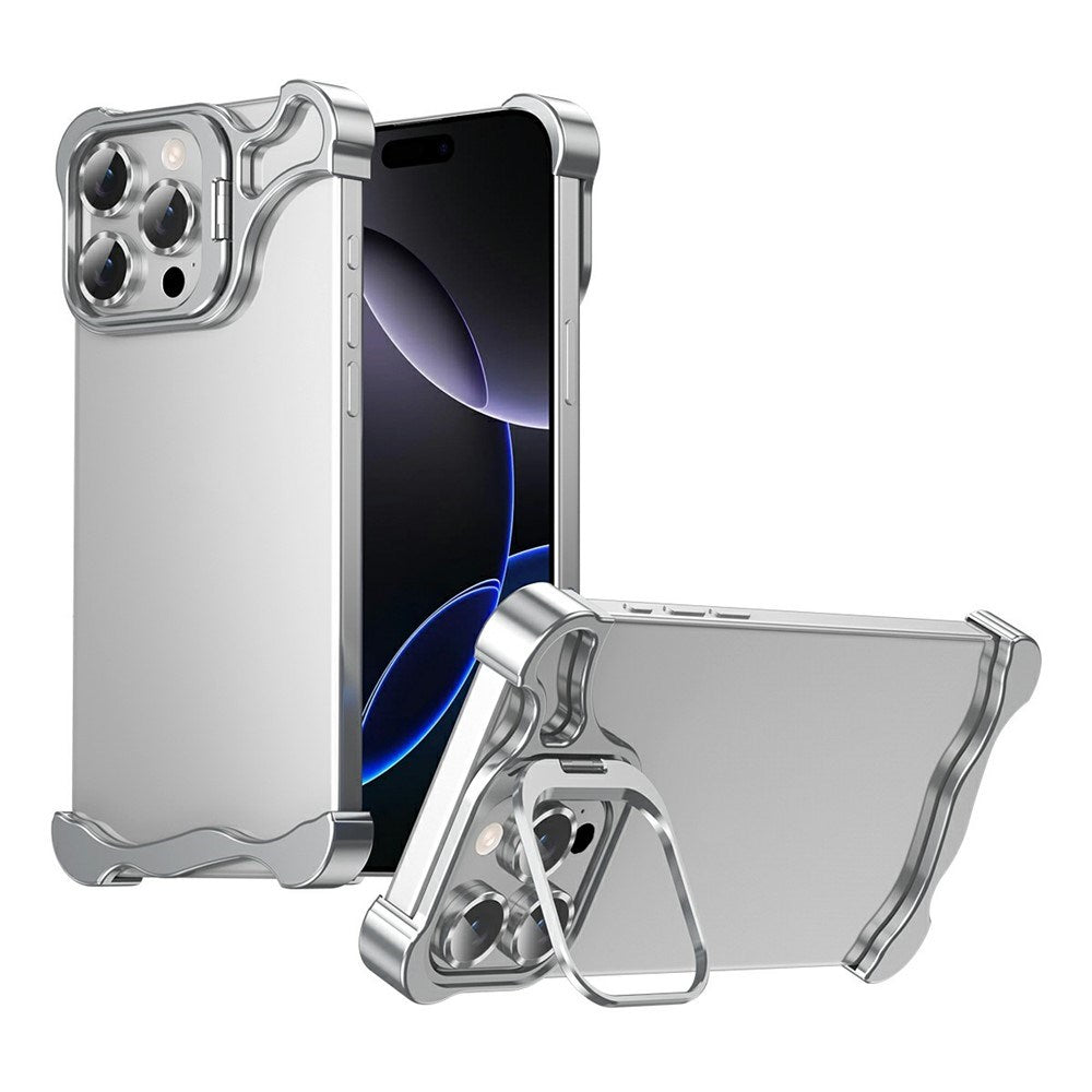 iPhone 16 Pro 2-i-1 Metal Bumper Cover - Ståfunktion & Linsebeskytter - Sølv