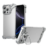 iPhone 16 Pro 2-i-1 Metal Bumper Cover - Ståfunktion & Linsebeskytter - Sølv
