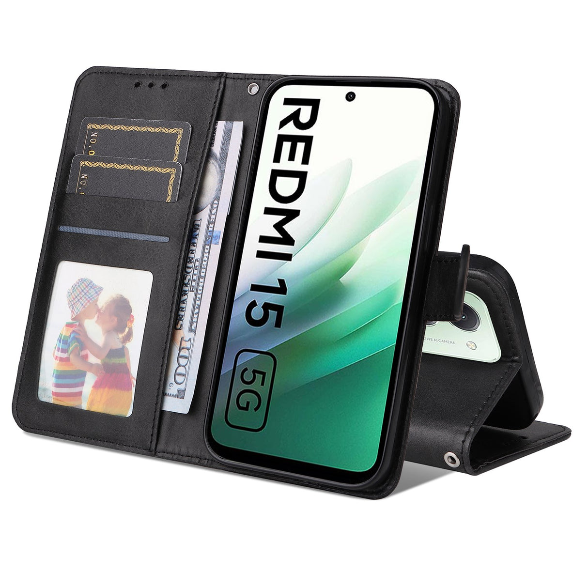 Xiaomi Redmi 15 (4G) EIDERWOOD Kunstlæder Flip Cover m. Strop & Indbygget Kortholder - Sort