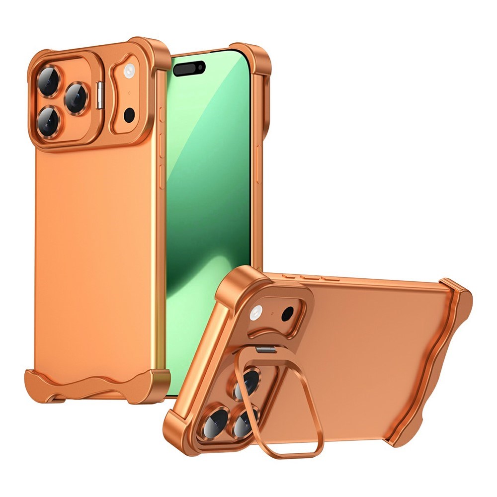 iPhone 17 Pro 2-i-1 Metal Bumper Cover - Ståfunktion & Linsebeskytter - Orange