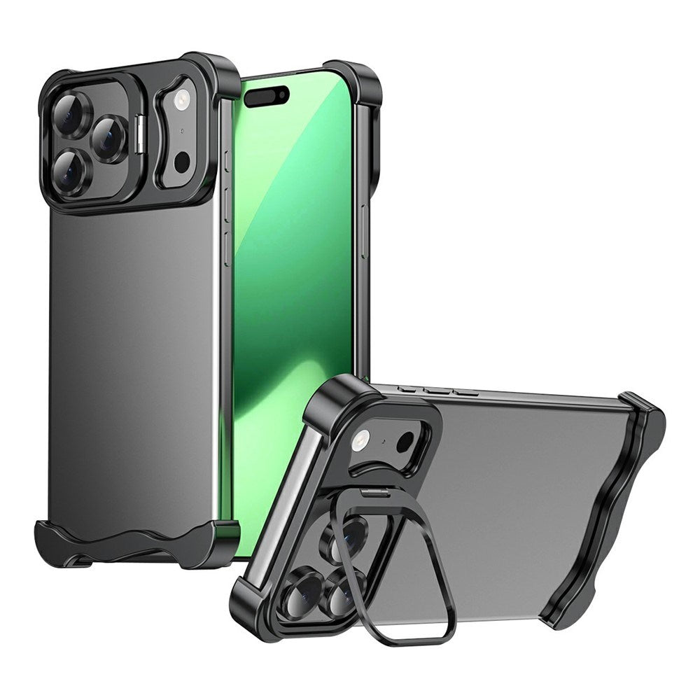 iPhone 17 Pro 2-i-1 Metal Bumper Cover - Ståfunktion & Linsebeskytter - Sort