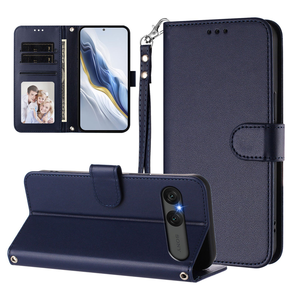 Sony Xperia 10 VII - EIDERWOOD Kunstlæder Flip Cover - Kortholder & Strop - Mørkeblå