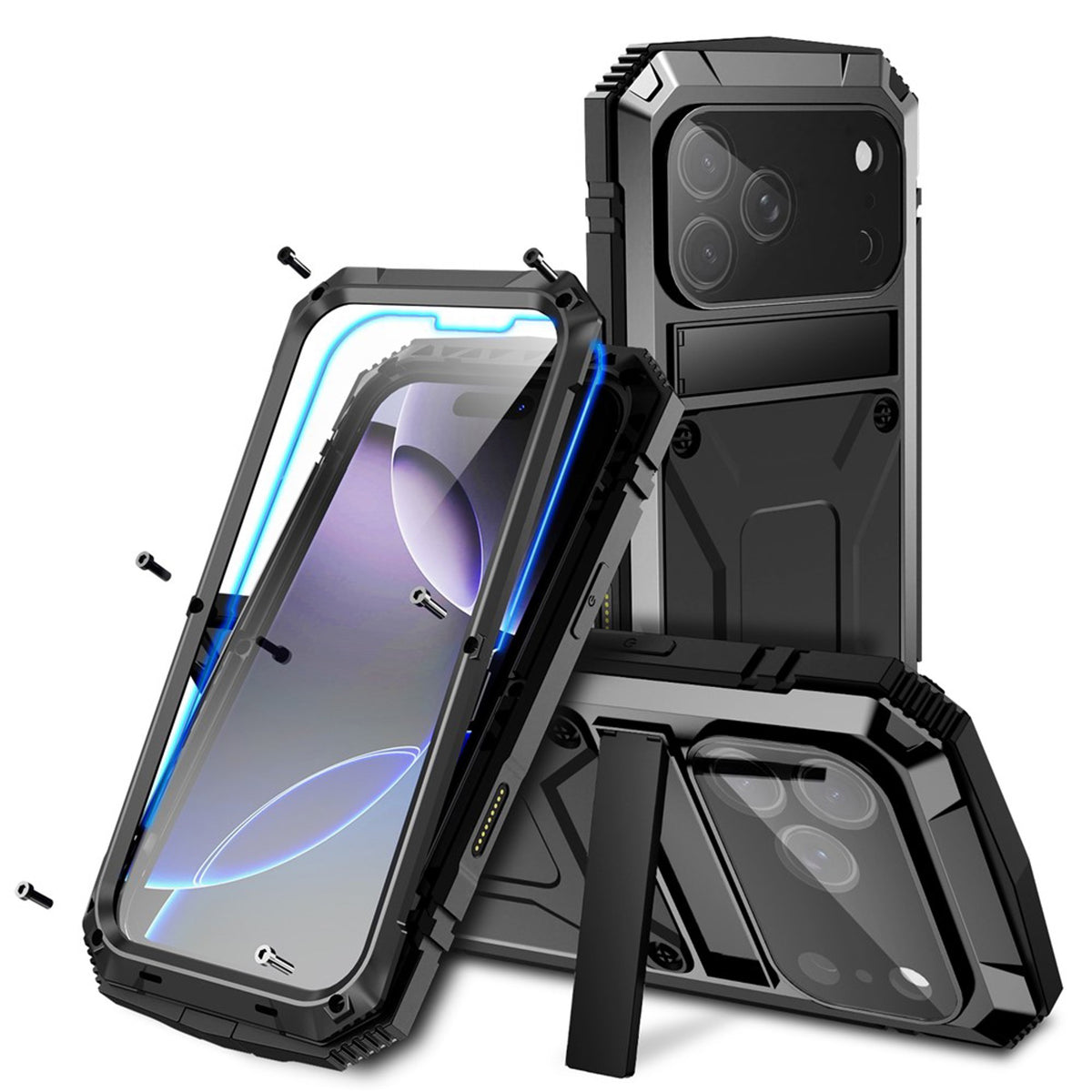 iPhone 18 Pro / 17 Pro R-JUST Hybrid Bagside Cover m. Indbygget Skærmbeskyttelse & Kickstand - Sort