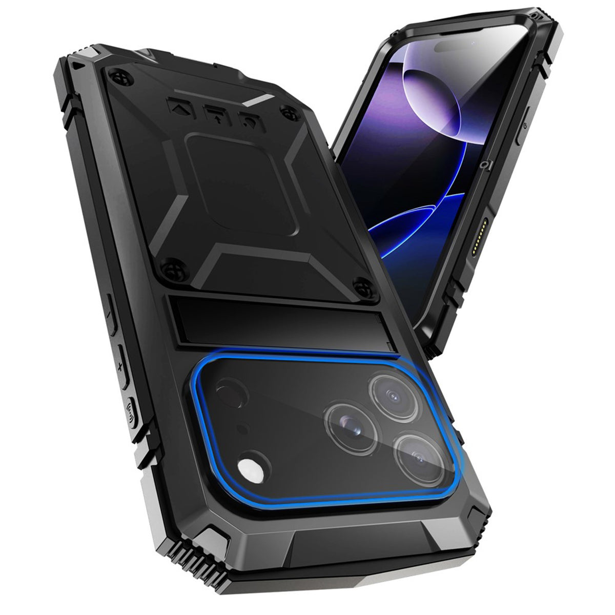 iPhone 18 Pro / 17 Pro R-JUST Hybrid Bagside Cover m. Indbygget Skærmbeskyttelse & Kickstand - Sort