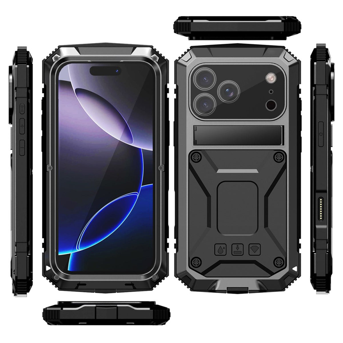 iPhone 18 Pro / 17 Pro R-JUST Hybrid Bagside Cover m. Indbygget Skærmbeskyttelse & Kickstand - Sort