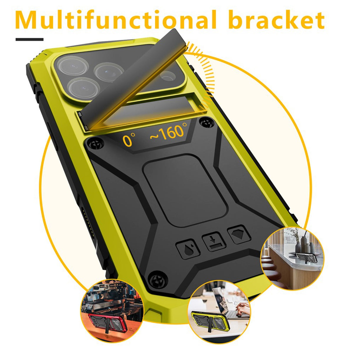 iPhone 18 Pro / 17 Pro R-JUST Hybrid Bagside Cover m. Indbygget Skærmbeskyttelse & Kickstand - Gul