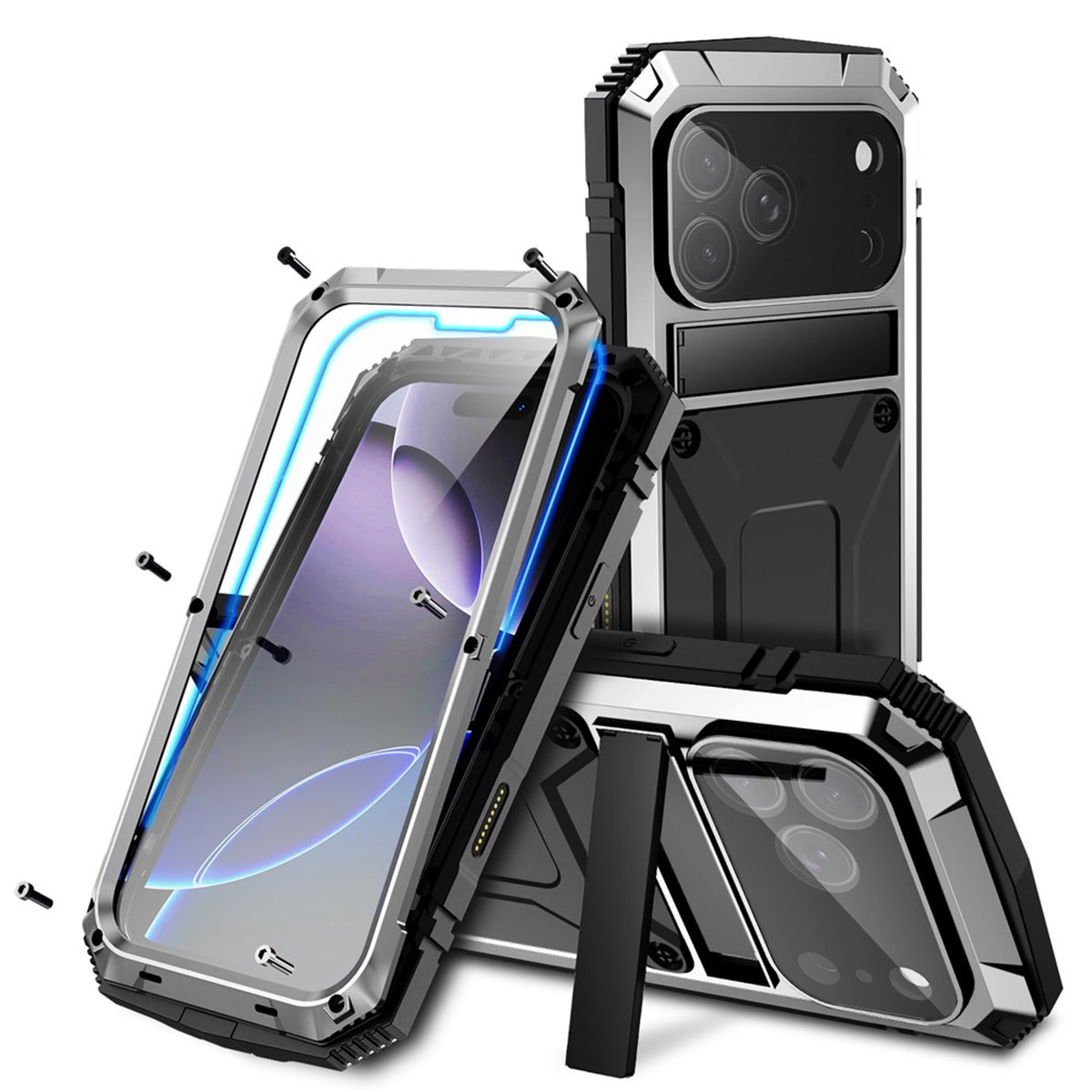 iPhone 18 Pro Max / 17 Pro Max R-JUST Hybrid Bagside Cover m. Indbygget Skærmbeskyttelse & Kickstand - Sølv