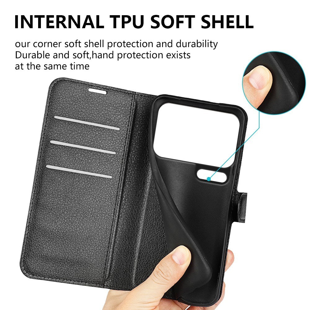 AMORUS Xiaomi 17 Pro Max Litchi Tekstur Kunstlæder Flip Mobil Cover m. Kortholder - Sort