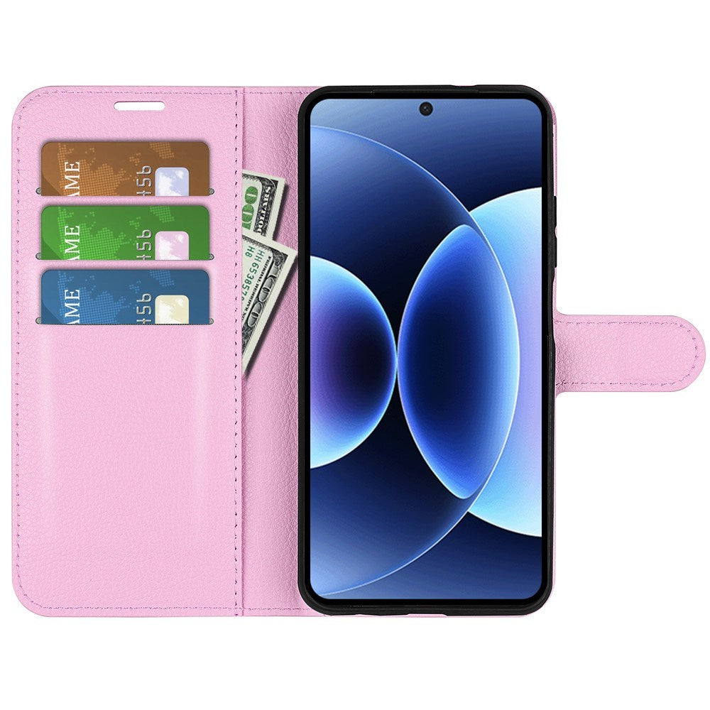 AMORUS Xiaomi 17 Pro Max Litchi Tekstur Kunstlæder Flip Mobil Cover m. Kortholder - Lyserød