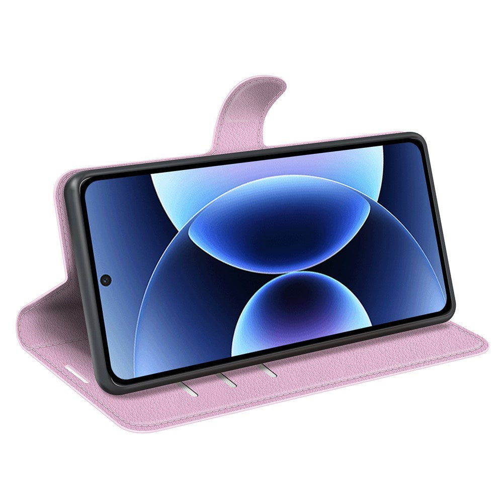 AMORUS Xiaomi 17 Pro Max Litchi Tekstur Kunstlæder Flip Mobil Cover m. Kortholder - Lyserød