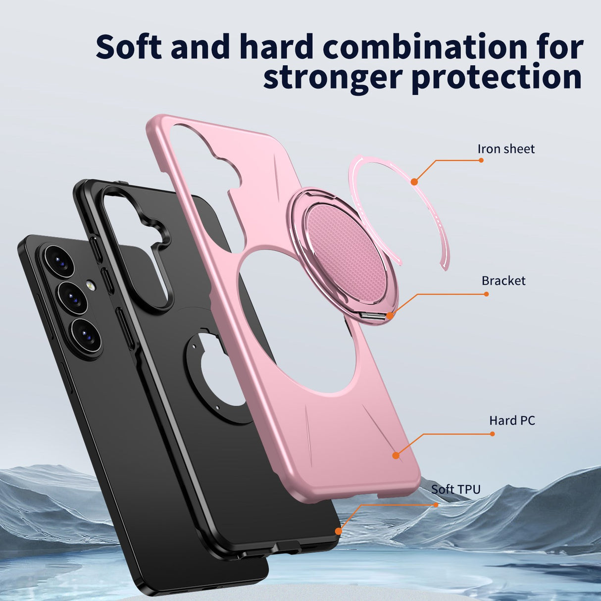 Samsung Galaxy S26 EIDERWOOD Hybrid Plast Bagside Cover - Roterende Kickstand - Lyserød