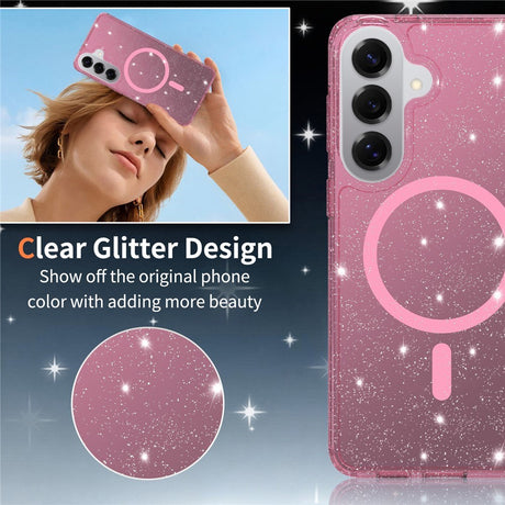 EIDERWOOD Samsung Galaxy S26+ (Plus) Plast Glitter Cover inkl. Skærmglas - MagSafe Kompatibel - Gennemsigtig / Lyserød