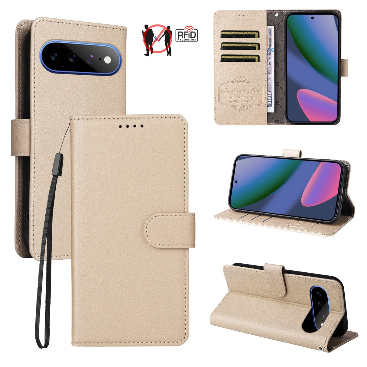 EIDERWOOD Google Pixel 11 Pro XL Flipcover inkl. Kortholder & Håndledsrem - Beige