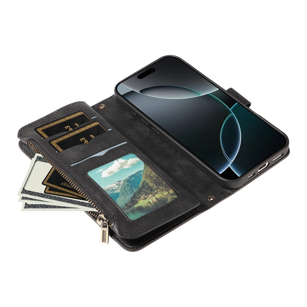 iPhone 17 Pro EIDERWOOD Flipcase m. 9 x Kortholder / Lynlåslomme / RFDI-Blokering / Rem - Sort
