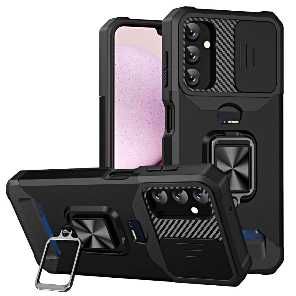 Samsung Galaxy A14 (5G) Håndværker Bagside Cover m. Magnetisk Kickstand, Kortholder & Cam Slider - Sort