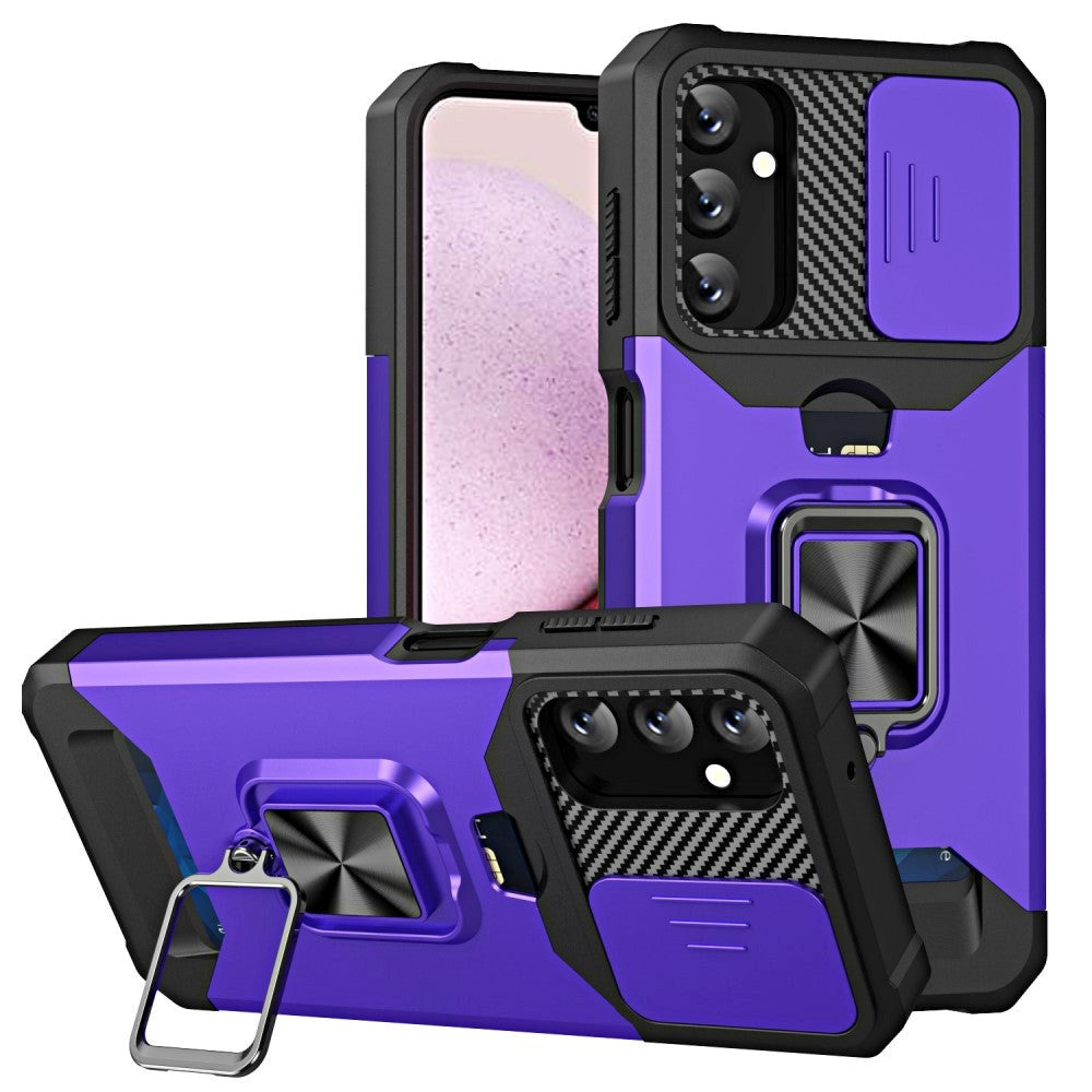 Samsung Galaxy A14 (5G) Håndværker Bagside Cover m. Magnetisk Kickstand, Kortholder & Cam Slider - Lilla