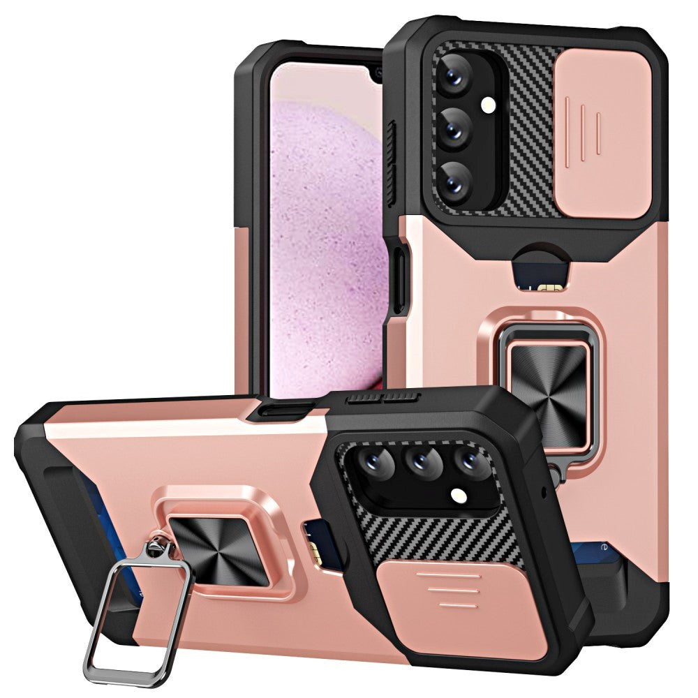 Samsung Galaxy A14 (5G) Håndværker Bagside Cover m. Magnetisk Kickstand, Kortholder & Cam Slider - Sort / Rose Gold