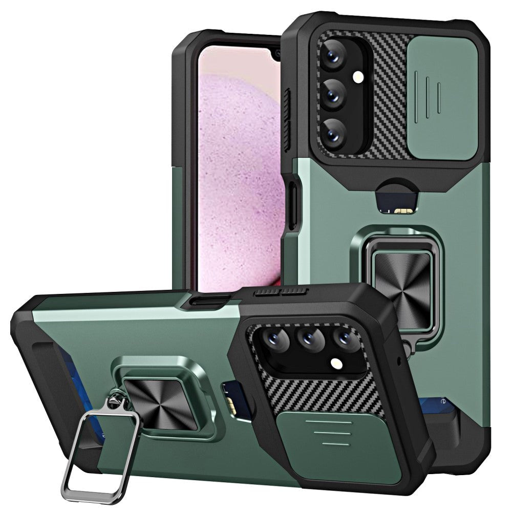 Samsung Galaxy A14 (5G) Håndværker Bagside Cover m. Magnetisk Kickstand, Kortholder & Cam Slider - Sort / Grøn