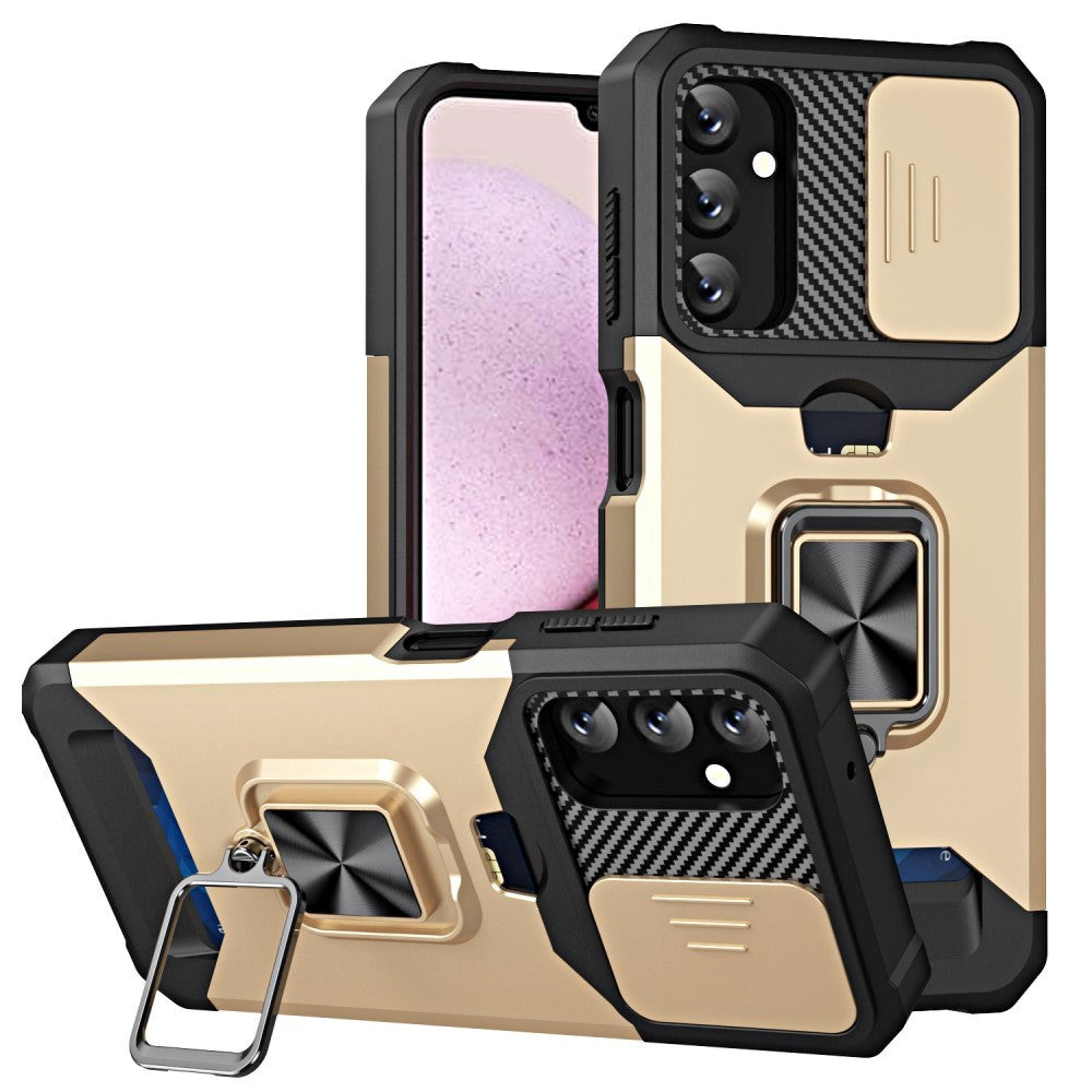 Samsung Galaxy A14 (5G) Håndværker Bagside Cover m. Magnetisk Kickstand, Kortholder & Cam Slider - Sort / Guld